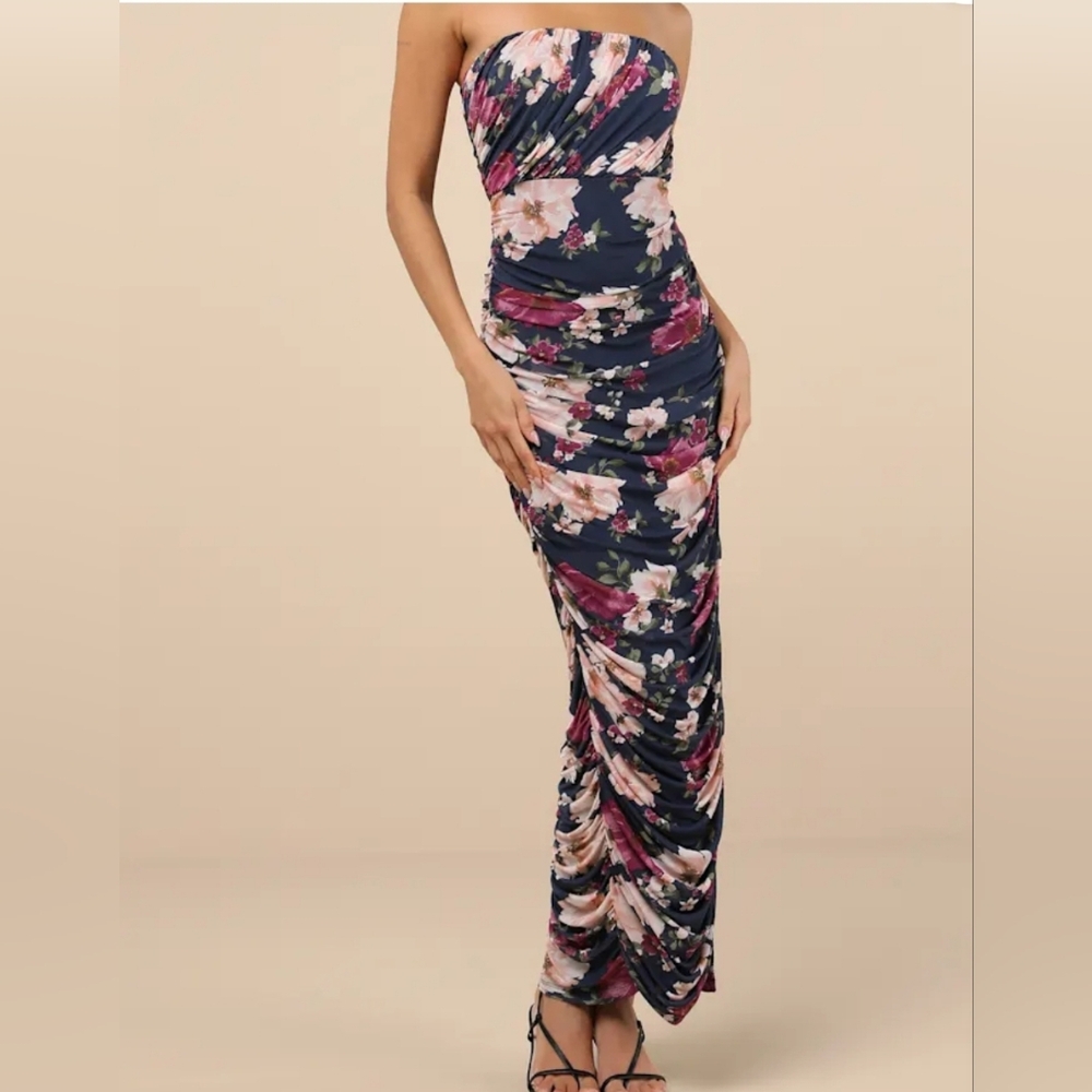 Lulu's Strapless Floral Maxi Dress - Navy and Pink